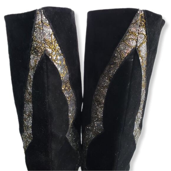 VTG 80s Polly Bergen Black Glitter Suede Boot 8 Heels Italy Glam Slouch Cocktail - Picture 6 of 12